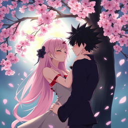 A sensual and romantic anime scene featuring two characters sharing an intimate moment under a cherry blossom tree