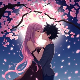 A sensual and romantic anime scene featuring two characters sharing an intimate moment under a cherry blossom tree