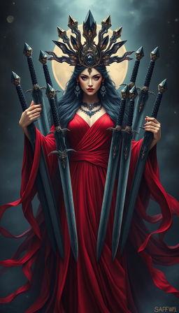 The Goddess of Swords stands with a commanding and mystical presence, her red flowing dress radiating with intensity and vibrant elegance