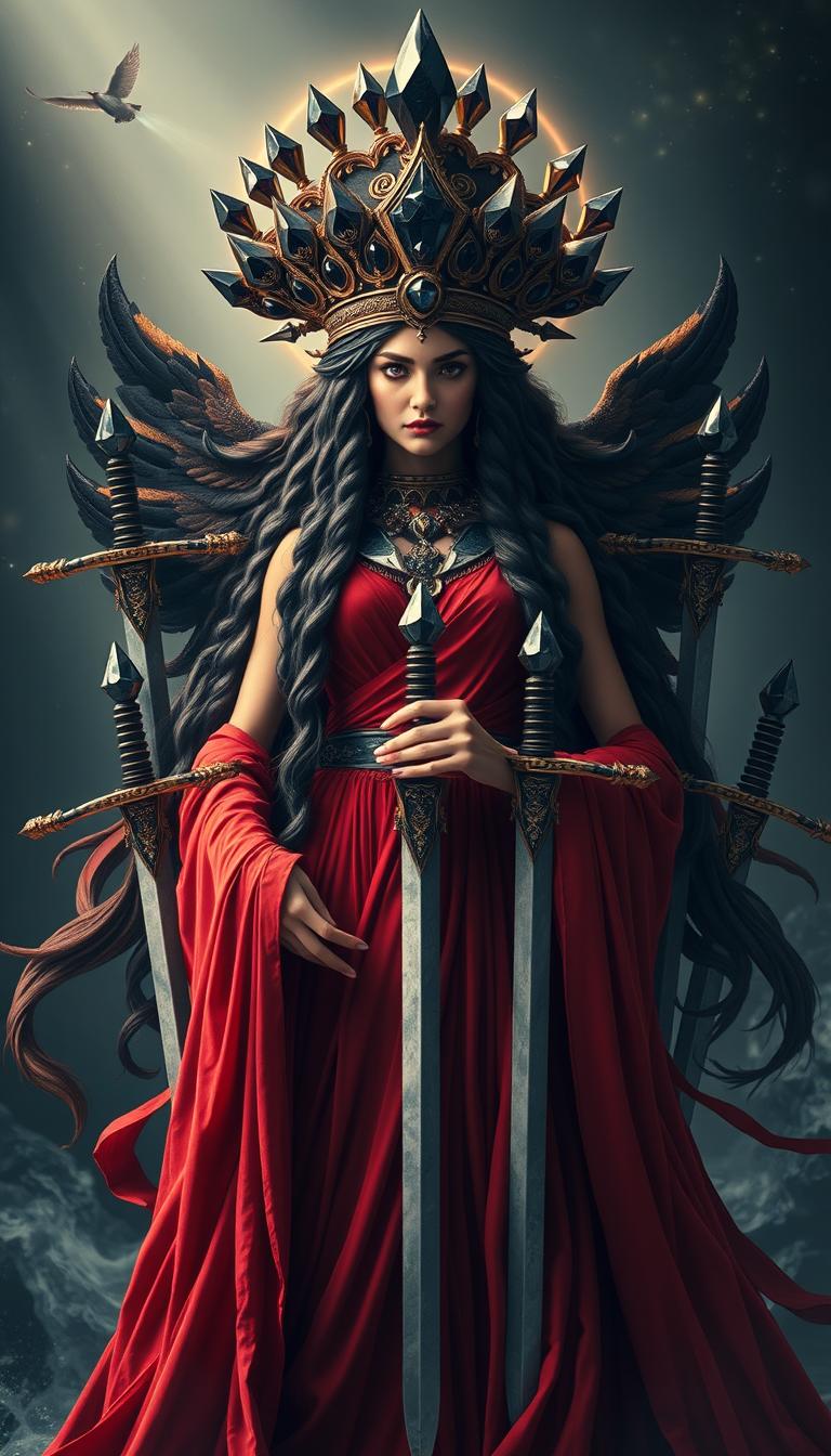 The Goddess of Swords stands with a commanding and mystical presence, her red flowing dress radiating with intensity and vibrant elegance