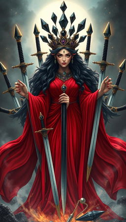 The Goddess of Swords stands with a commanding and mystical presence, her red flowing dress radiating with intensity and vibrant elegance