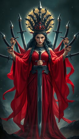 The Goddess of Swords stands with a commanding and mystical presence, her red flowing dress radiating with intensity and vibrant elegance