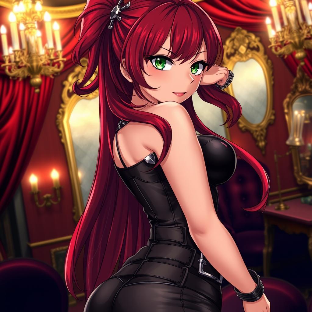 A seductive anime-inspired scene showcasing a confident female character with long, wavy crimson hair and piercing green eyes