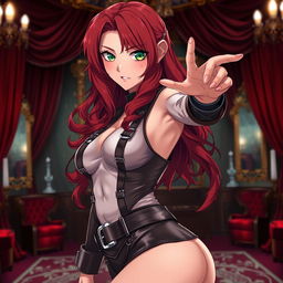 A seductive anime-inspired scene showcasing a confident female character with long, wavy crimson hair and piercing green eyes