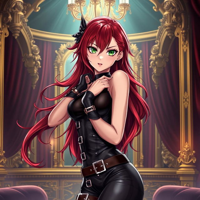 A seductive anime-inspired scene showcasing a confident female character with long, wavy crimson hair and piercing green eyes