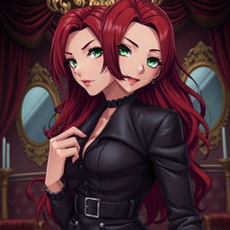 A seductive anime-inspired scene showcasing a confident female character with long, wavy crimson hair and piercing green eyes