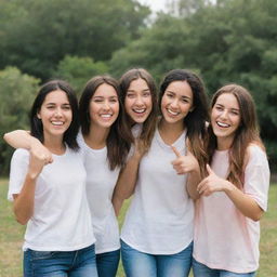 Five best friends standing together, each of them joyously saying 'hi' with smiles on their faces.