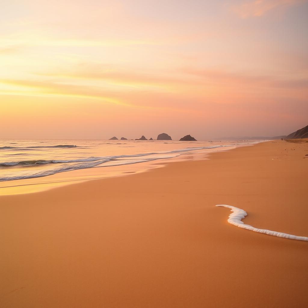 A scenic portrayal of a serene, deserted beach at sunset