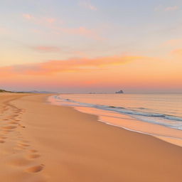 A scenic portrayal of a serene, deserted beach at sunset