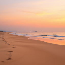 A scenic portrayal of a serene, deserted beach at sunset