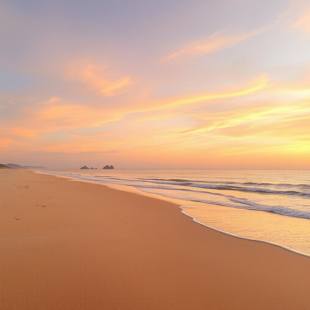 A scenic portrayal of a serene, deserted beach at sunset