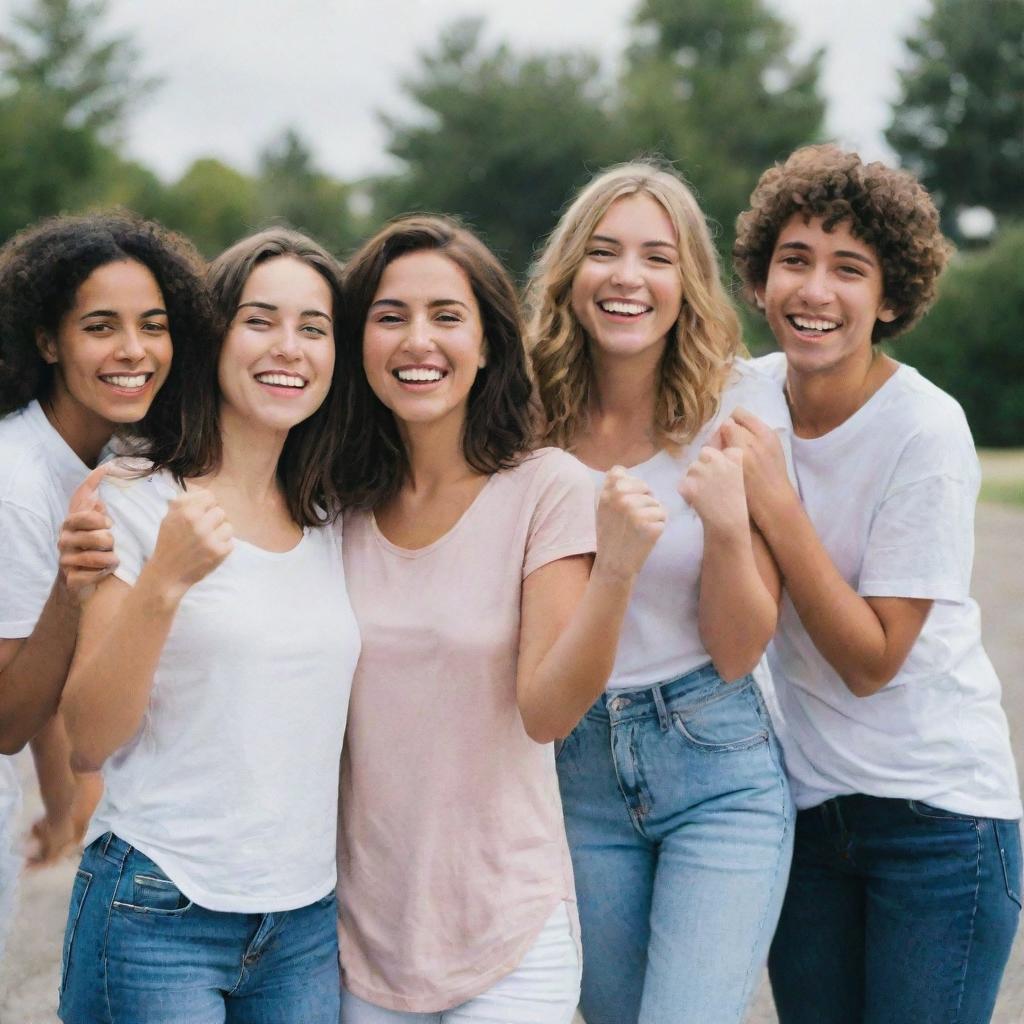 Five best friends standing together, each of them joyously saying 'hi' with smiles on their faces.