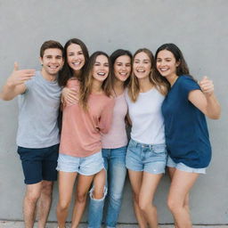 Five best friends standing together, each of them joyously saying 'hi' with smiles on their faces.