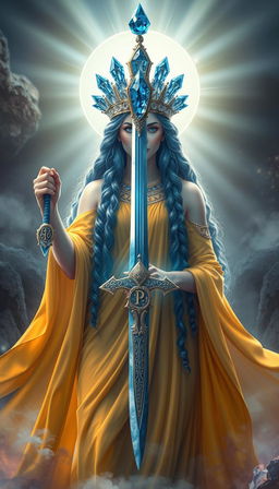 The Goddess of Swords stands resplendent with a commanding and mystical presence, her yellow flowing dress emanating a radiant and sunlit aura