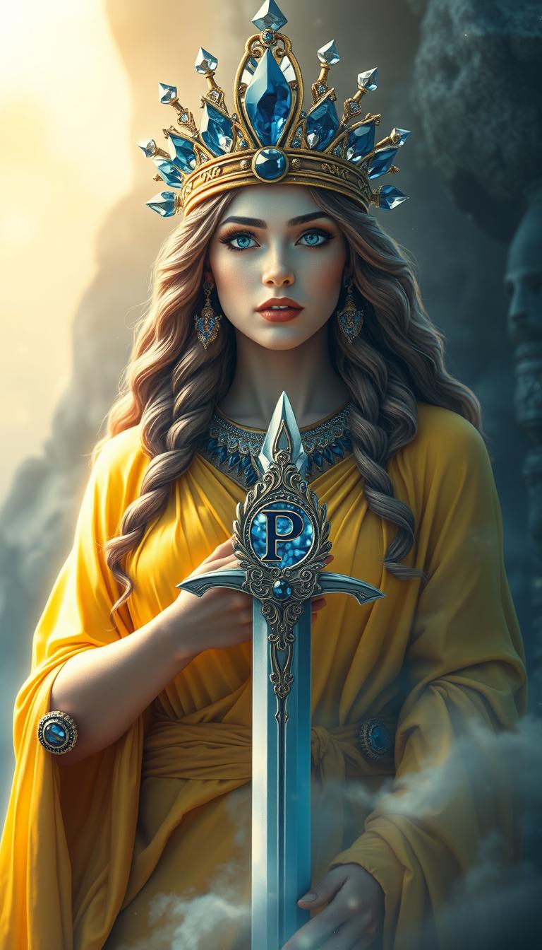 The Goddess of Swords stands resplendent with a commanding and mystical presence, her yellow flowing dress emanating a radiant and sunlit aura