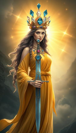 The Goddess of Swords stands resplendent with a commanding and mystical presence, her yellow flowing dress emanating a radiant and sunlit aura