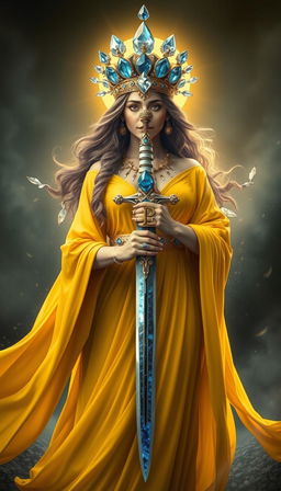 The Goddess of Swords stands resplendent with a commanding and mystical presence, her yellow flowing dress emanating a radiant and sunlit aura