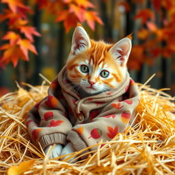 An adorable orange tabby kitten with bright, luminous green eyes tightly wrapped in cozy, patterned fall pajamas featuring colorful autumn leaves and acorns