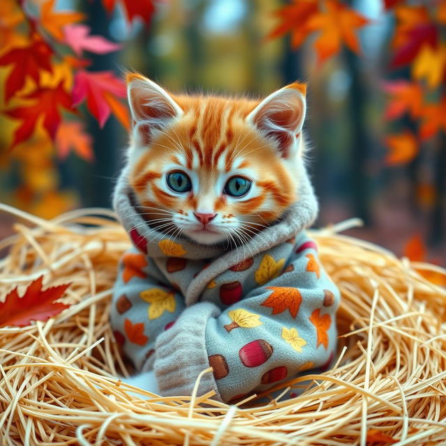 An adorable orange tabby kitten with bright, luminous green eyes tightly wrapped in cozy, patterned fall pajamas featuring colorful autumn leaves and acorns