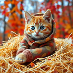 An adorable orange tabby kitten with bright, luminous green eyes tightly wrapped in cozy, patterned fall pajamas featuring colorful autumn leaves and acorns