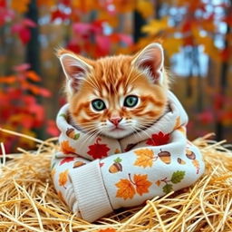 An adorable orange tabby kitten with bright, luminous green eyes tightly wrapped in cozy, patterned fall pajamas featuring colorful autumn leaves and acorns