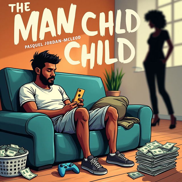 A dynamic book cover for "The Man Child" by Pasquel Jordan-McLeod, illustrating the theme of modern men not living up to the expectations set by previous generations