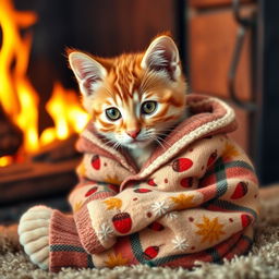 An adorable orange tabby kitten with vibrant green eyes, cozily wrapped in soft, plaid-patterned pajamas adorned with tiny acorns and falling leaves