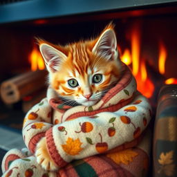 An adorable orange tabby kitten with vibrant green eyes, cozily wrapped in soft, plaid-patterned pajamas adorned with tiny acorns and falling leaves