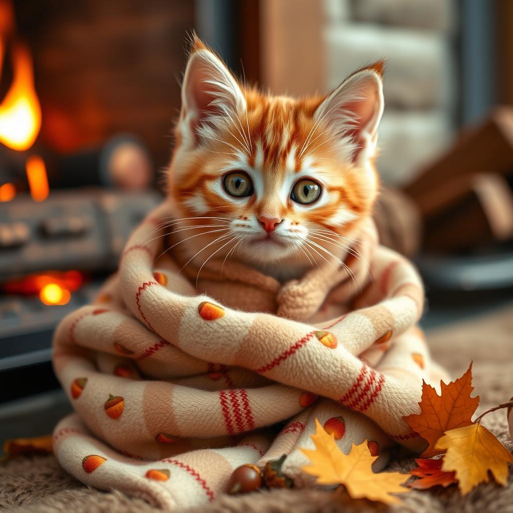 An adorable orange tabby kitten with vibrant green eyes, cozily wrapped in soft, plaid-patterned pajamas adorned with tiny acorns and falling leaves