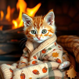 An adorable orange tabby kitten with vibrant green eyes, cozily wrapped in soft, plaid-patterned pajamas adorned with tiny acorns and falling leaves