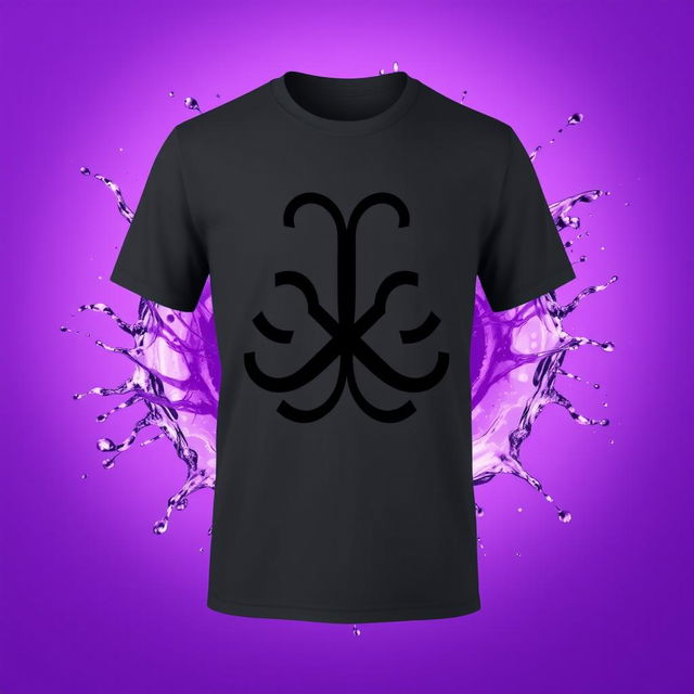 T-shirt design featuring a bold black symbol of a psychology faculty, prominently displayed against a background of a splash of water with a vibrant purple gradient