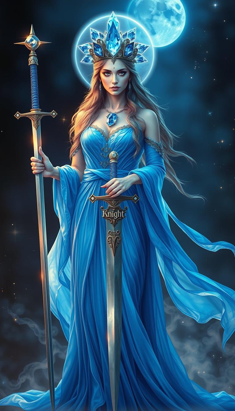 The Goddess of Swords stands with an ethereal and mystical presence, her bright blue flowing dress shimmering like the ocean under moonlight