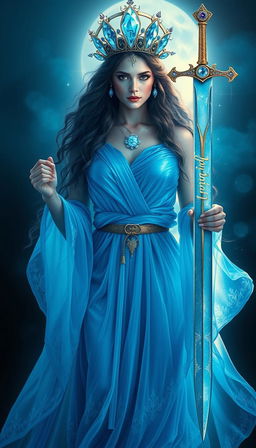 The Goddess of Swords stands with an ethereal and mystical presence, her bright blue flowing dress shimmering like the ocean under moonlight