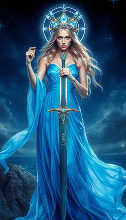 The Goddess of Swords stands with an ethereal and mystical presence, her bright blue flowing dress shimmering like the ocean under moonlight