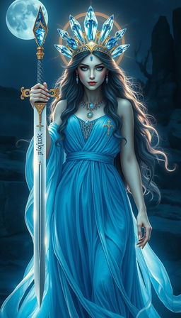 The Goddess of Swords stands with an ethereal and mystical presence, her bright blue flowing dress shimmering like the ocean under moonlight