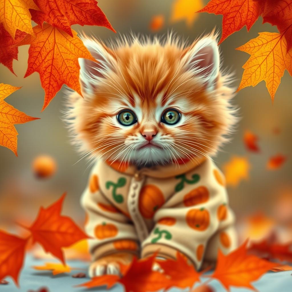 A fluffy, tiny orange kitten with adorable green eyes and a playful expression, dressed in cozy, pumpkin-themed pajamas for the fall season