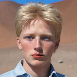 Highly realistic image of an 18-year-old boy with Chilean and Spanish heritage, blonde, with blue eyes, 1.80m tall, red lips. Currently, he's found in San Pedro de Atacama, Chile, specifically in the lunar-like landscape of Valle de la Luna.