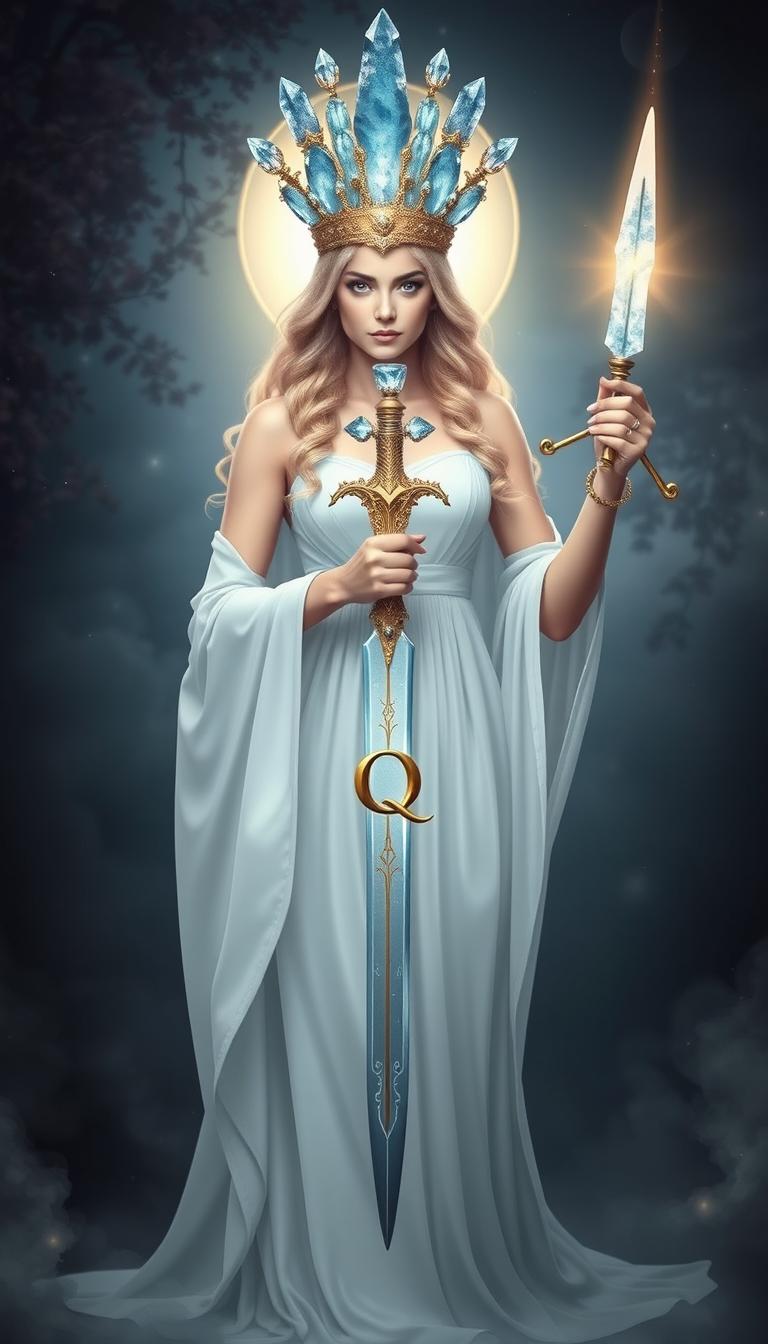 The Goddess of Swords stands with a serene and mystical aura, her white flowing dress exuding purity and grace