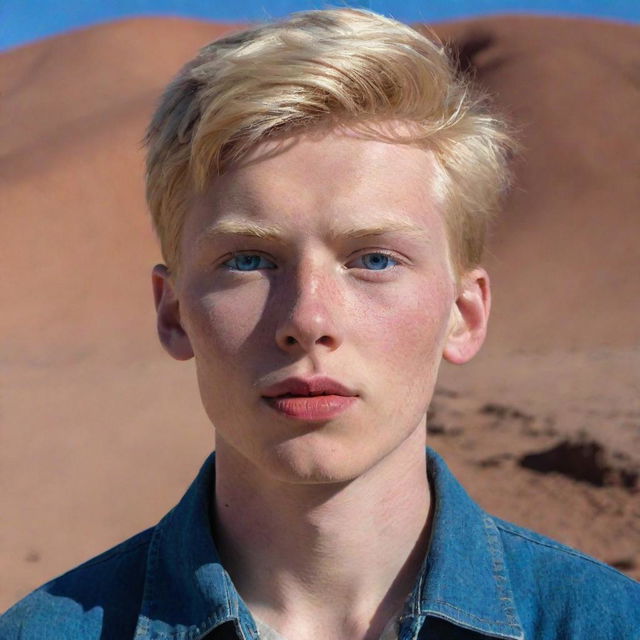 Highly realistic image of an 18-year-old boy with Chilean and Spanish heritage, blonde, with blue eyes, 1.80m tall, red lips. Currently, he's found in San Pedro de Atacama, Chile, specifically in the lunar-like landscape of Valle de la Luna.