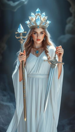 The Goddess of Swords stands with a serene and mystical aura, her white flowing dress exuding purity and grace