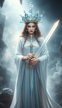 The Goddess of Swords stands with a serene and mystical aura, her white flowing dress exuding purity and grace