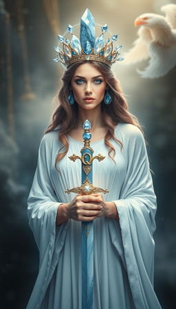 The Goddess of Swords stands with a serene and mystical aura, her white flowing dress exuding purity and grace