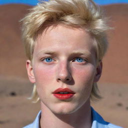 Highly realistic image of an 18-year-old boy with Chilean and Spanish heritage, blonde, with blue eyes, 1.80m tall, red lips. Currently, he's found in San Pedro de Atacama, Chile, specifically in the lunar-like landscape of Valle de la Luna.