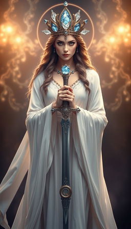 The Goddess of Swords stands with a serene and mystical aura, adorned in a white flowing dress that exudes purity and grace