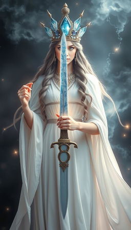 The Goddess of Swords stands with a serene and mystical aura, adorned in a white flowing dress that exudes purity and grace