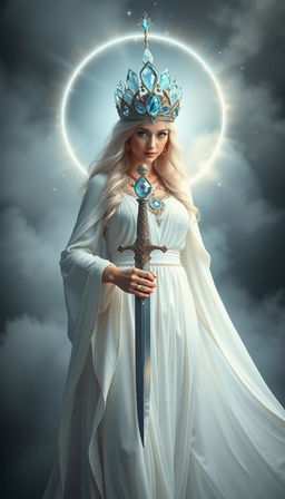 The Goddess of Swords stands with a serene and mystical aura, adorned in a white flowing dress that exudes purity and grace