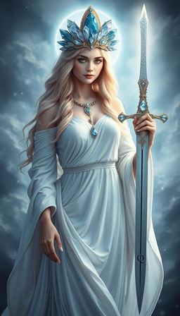 The Goddess of Swords stands with a serene and mystical aura, adorned in a white flowing dress that exudes purity and grace