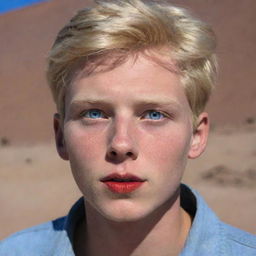 Highly realistic image of an 18-year-old boy with Chilean and Spanish heritage, blonde, with blue eyes, 1.80m tall, red lips. Currently, he's found in San Pedro de Atacama, Chile, specifically in the lunar-like landscape of Valle de la Luna.