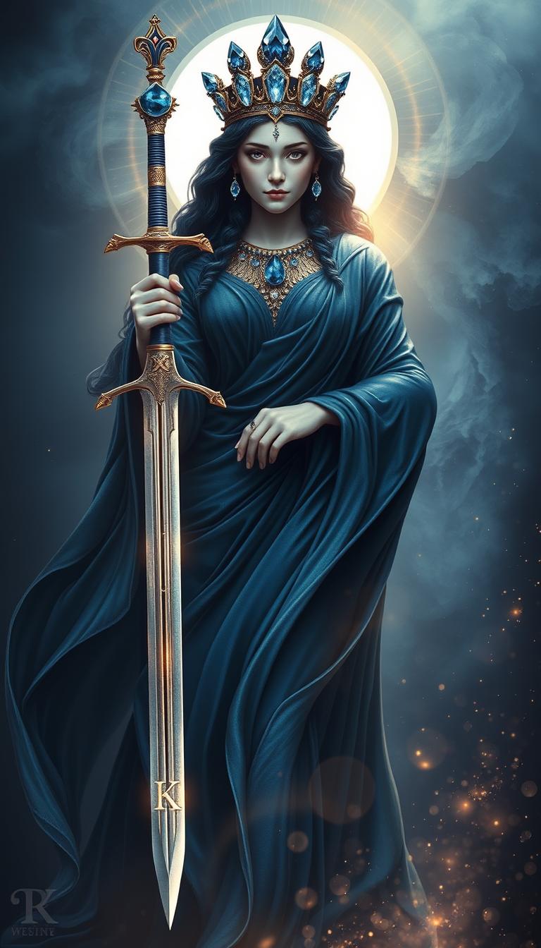 The Goddess of Swords stands in majestic grace, her dark blue flowing dress cascading like the midnight sky