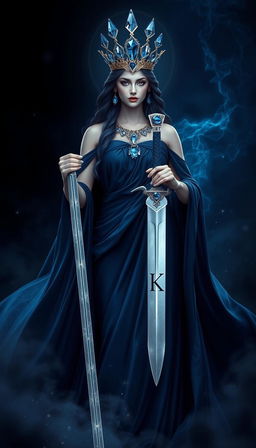 The Goddess of Swords stands in majestic grace, her dark blue flowing dress cascading like the midnight sky